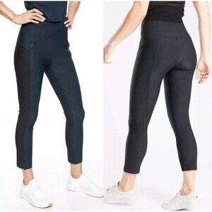 Athleta Stellar Crop Pant L Black Stretch Knit Zip Pockets Mid Rise Athleisure